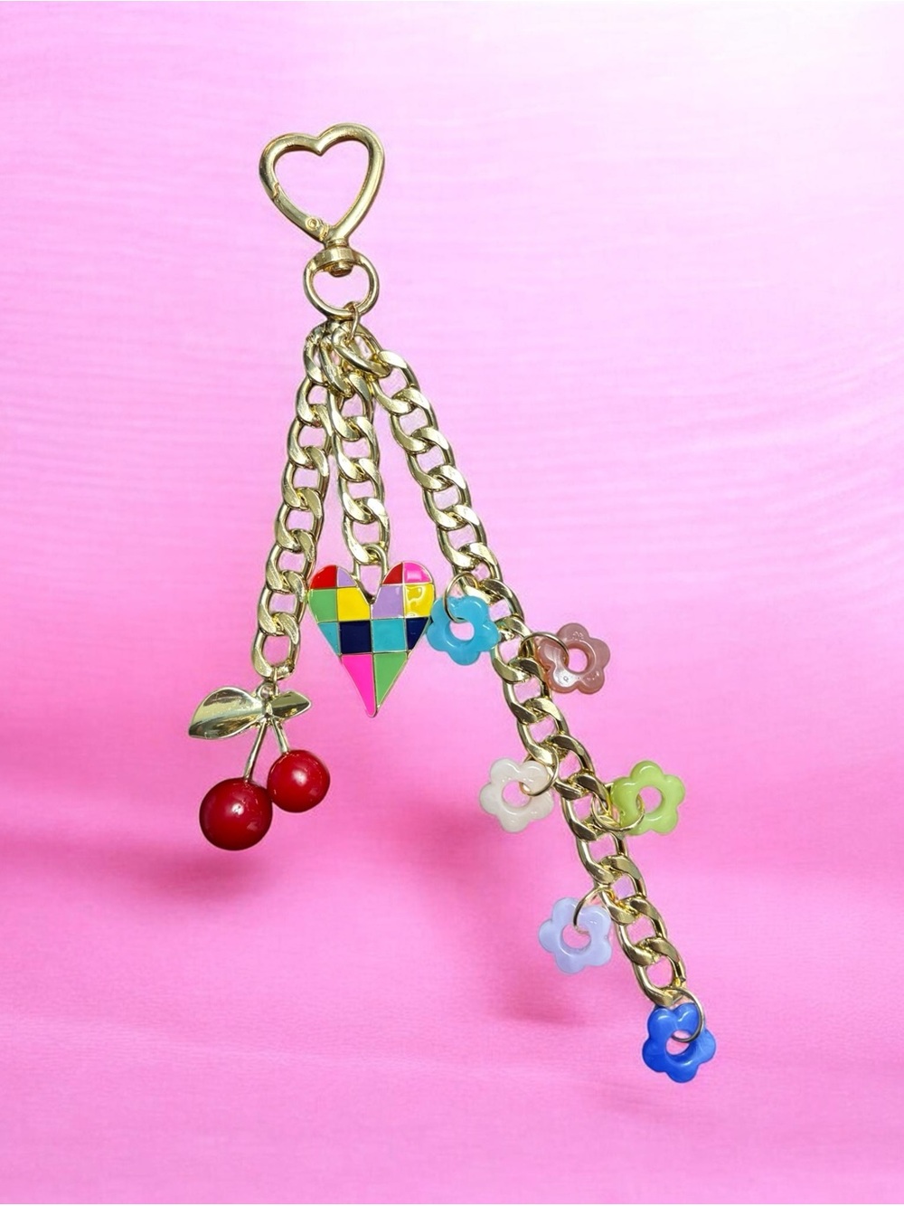 Gold Charm Keychain with Red Cherry and Multicolor Heart